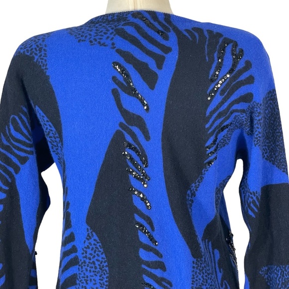 Vintage 80’s Tiano Blue Black Wool Angora Sequin Embellished Sweater Sz M - Picture 8 of 11